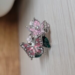 FAIRYCORE Silver and Pink Butterfly Flower Ring